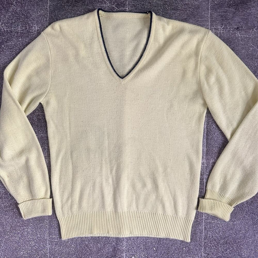 Men's Vintage 70's Jos A Bank Cashmere Wool Yellow V Neck Pullover Sweater Sz M